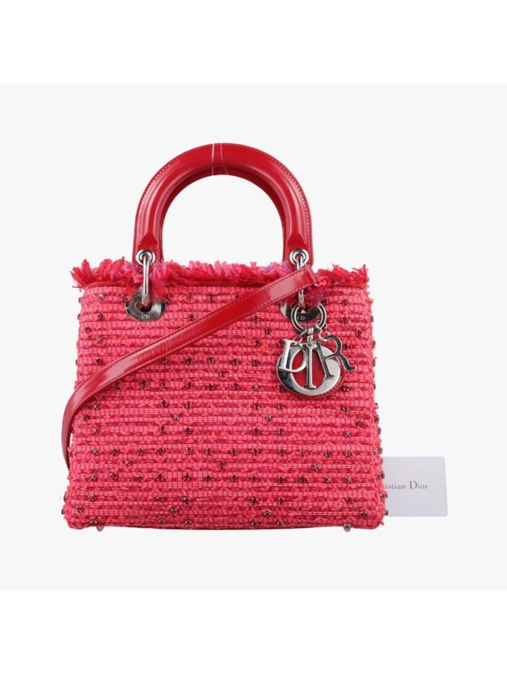 Dior Lady Heart Crystal Cannage Fringe Red Multicolor Tweed Enamel Handbag